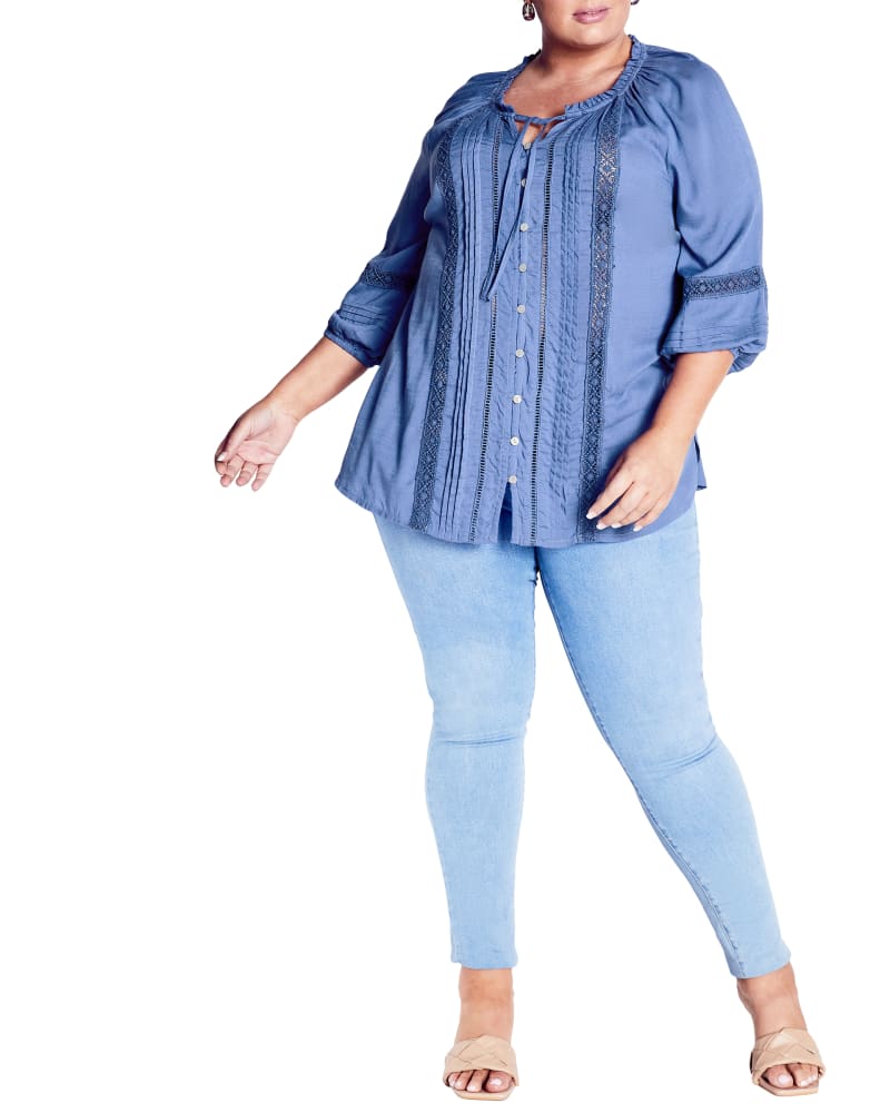 Front of a model wearing a size 18 Liana Lace Blouse in Bluebird by avenue. | dia_product_style_image_id:298684